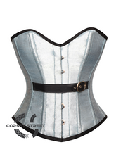 Silver Silk Leather Belt Gothic Burlesque Bustier Waist Training Overbust Corset Costume